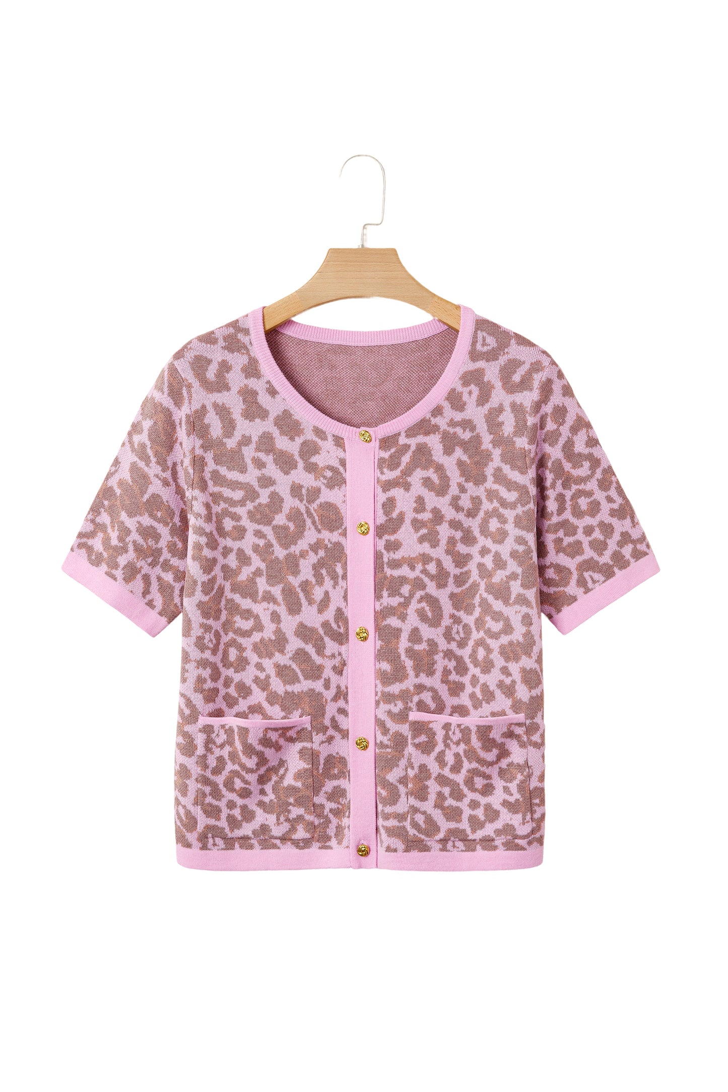 Pink Leopard Button Down Short Sleeve Sweater Cardigan