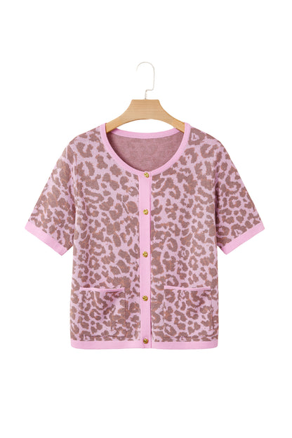 Pink Leopard Button Down Short Sleeve Sweater Cardigan