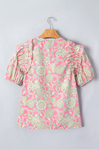 Pink Tie V Neck Floral Short Puff Sleeve Blouse