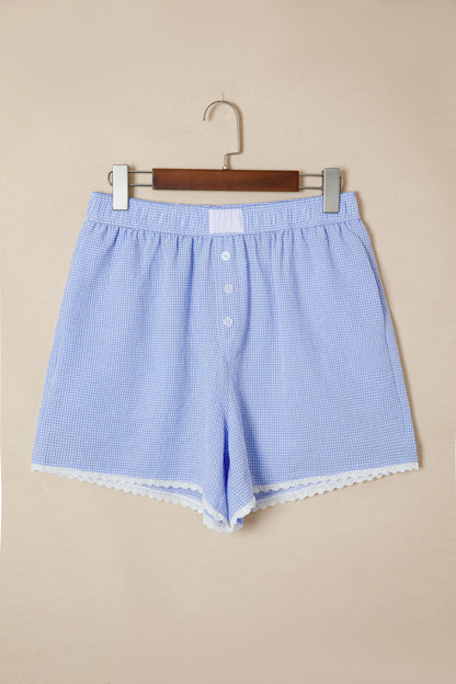 Sky Blue Gingham Plaid Button Detail Lace Trim Boxer Shorts