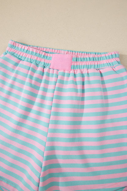 Pink Stripe Color Block Detail Long Sleeve Pullover Elastic Waist Pull On Shorts 2pcs Set