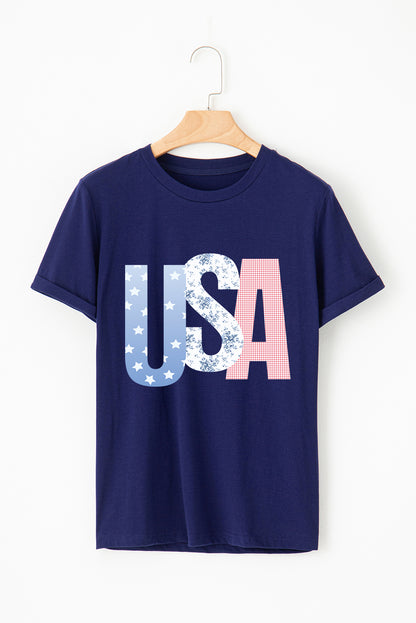 Blue USA Graphic July 4th Crew Neck T Shirt