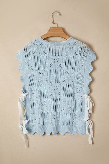 Beau Blue Pointelle Knit Patterned Scalloped Trim Short Sleeve Sweater