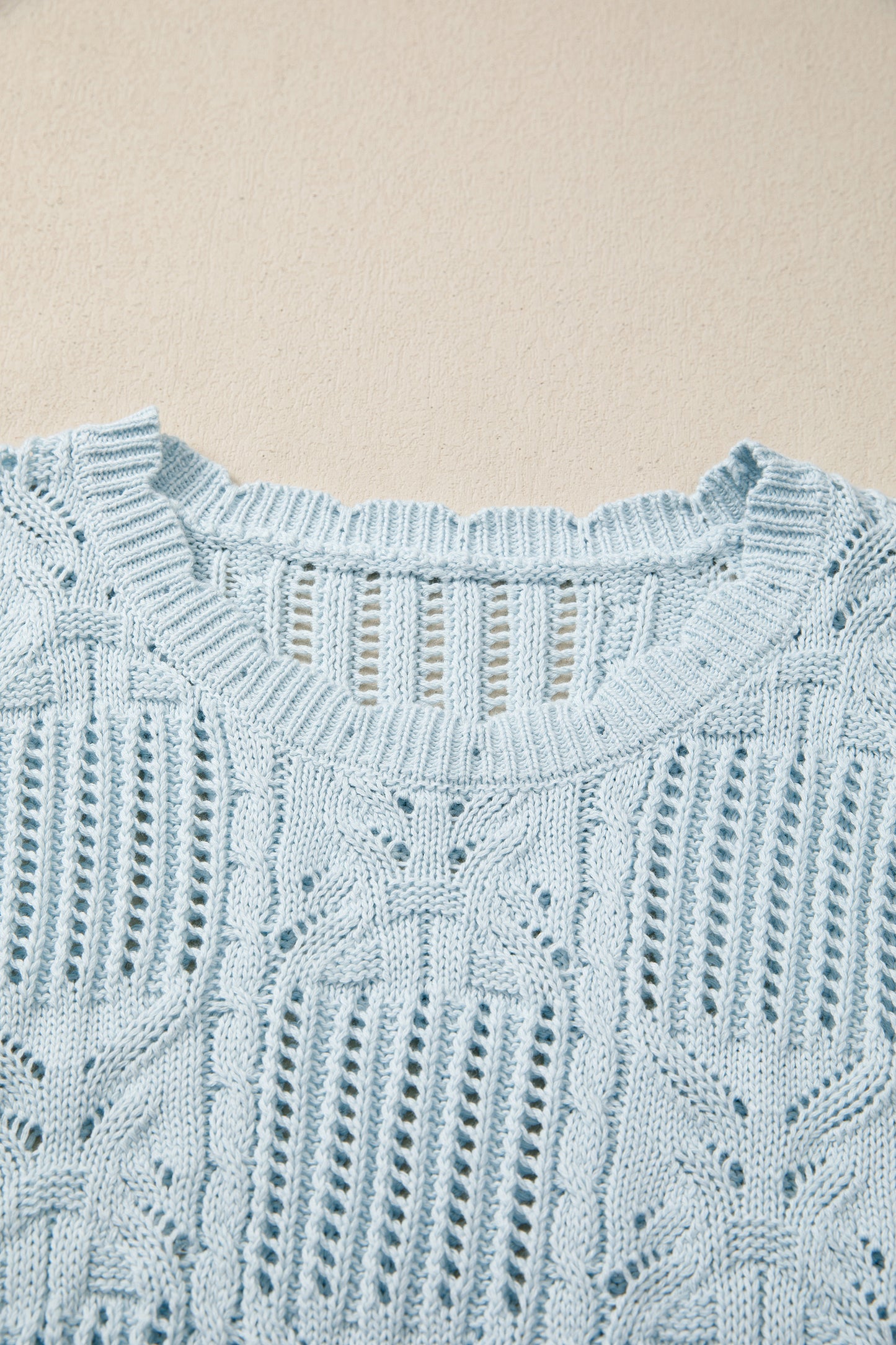 Beau Blue Pointelle Knit Patterned Scalloped Trim Short Sleeve Sweater