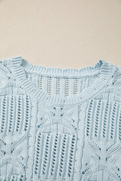 Beau Blue Pointelle Knit Patterned Scalloped Trim Short Sleeve Sweater