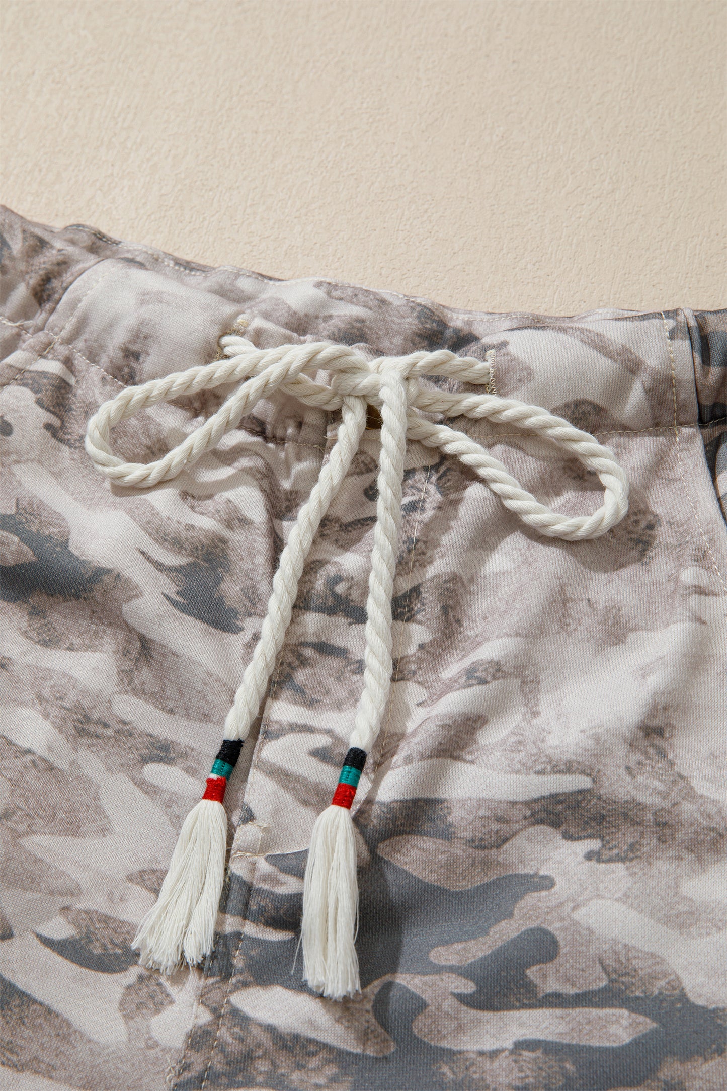 Khaki Camouflage Print Striped Side Panel Patchwork Drawstring Pants