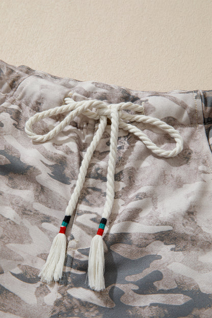 Khaki Camouflage Print Striped Side Panel Patchwork Drawstring Pants