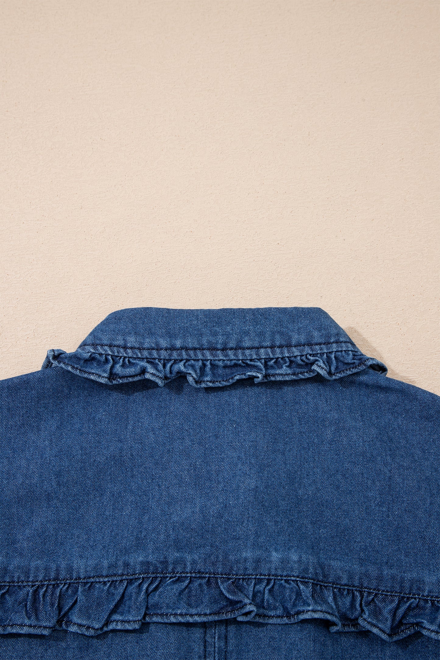 Sail Blue Ruffled Edge Collared Shift Denim Dress with Pockets