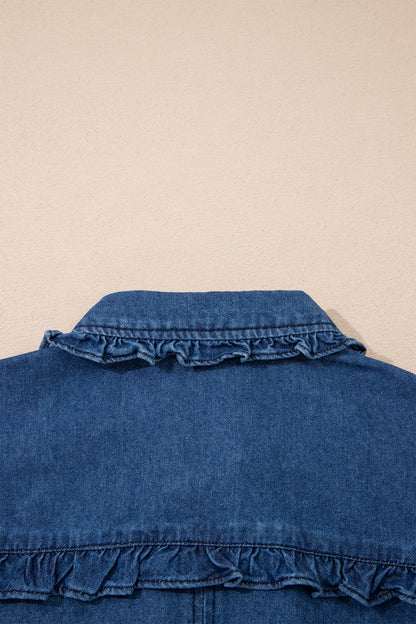 Sail Blue Ruffled Edge Collared Shift Denim Dress with Pockets