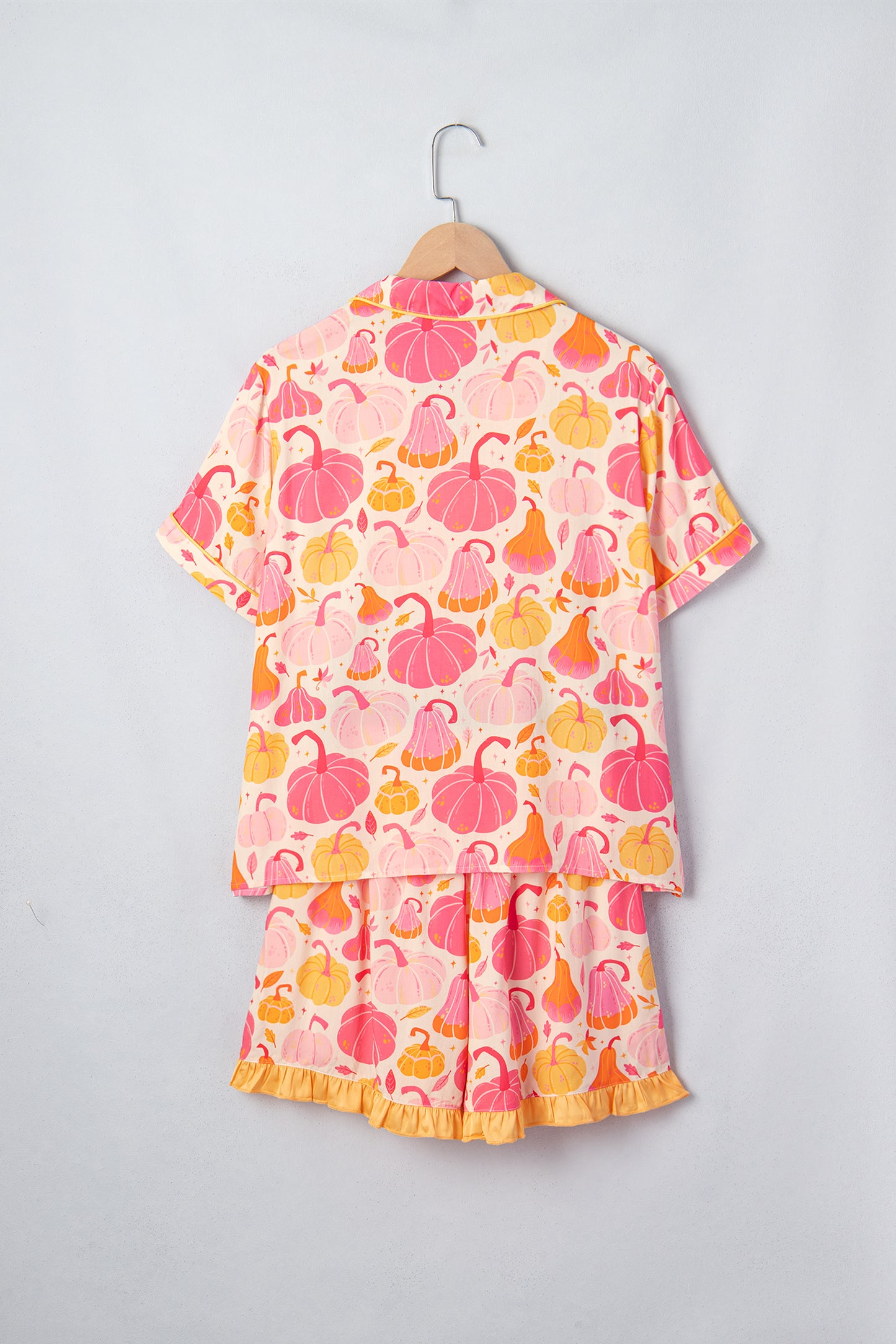 Pink Short Sleeve Pumpkin Print Pocket Placket Shell Button Lounge Set