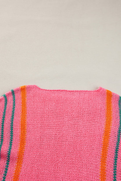 Rose Striped Detail Wide Sleeve Lightweight Knitted Sweater