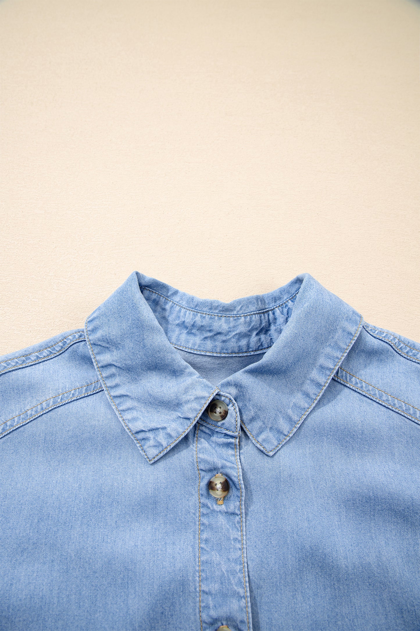Beau Blue Half Sleeve Button Down Ruffled High Low Chambray Shirt