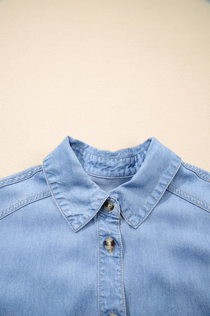 Beau Blue Half Sleeve Button Down Ruffled High Low Chambray Shirt