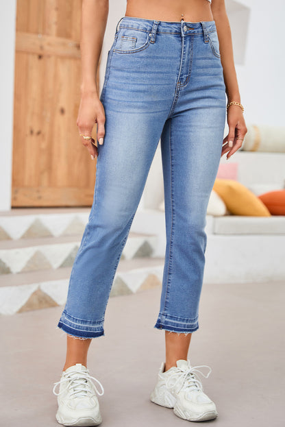 Sky Blue Whiskered Wash Raw Hem Cropped Jeans