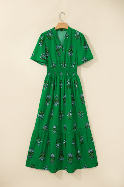 Green Floral Print Split Neck Shirred High Waist Ruffle Hem Maxi Dress
