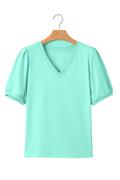 Turquoise Solid Color V Neck Short Puff Sleeve Blouse